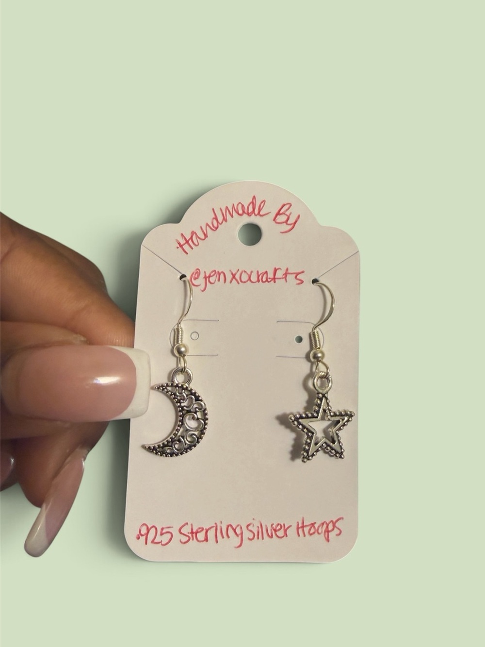 New! Jenny’s Handmade Moon/Star Silver Earrings- .925 Sterling Silver Hoops